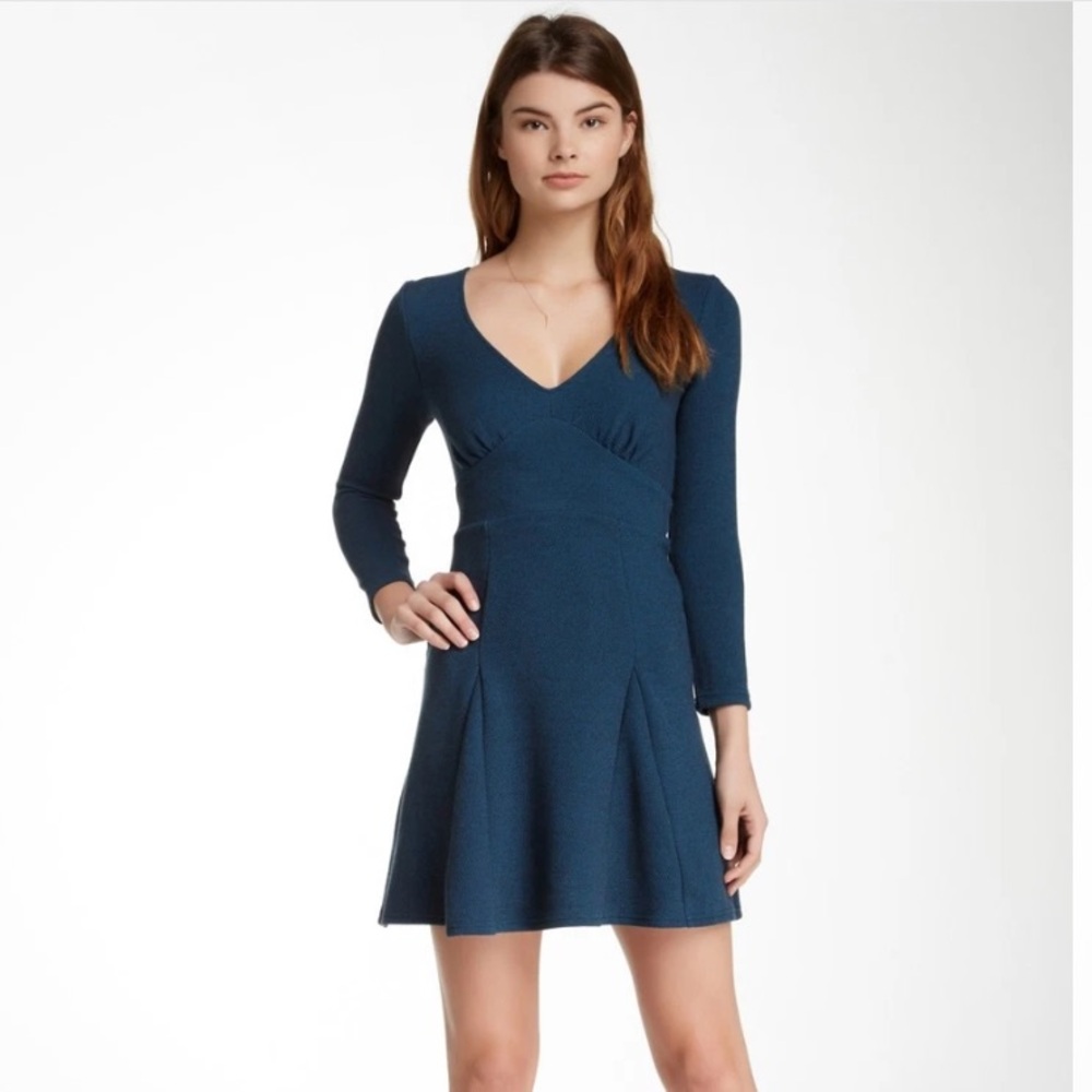 Free People Women's Blue Teal Combo Heart Stopper Fit/Flare Knit Dress Medium